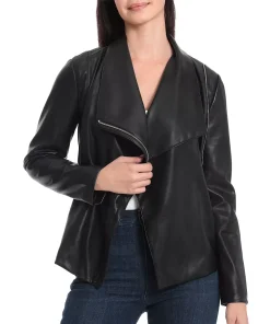 womens-draped-black-faux-leather-jacket