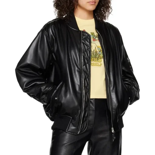womens-grained-black-faux-leather-bomber-jacket