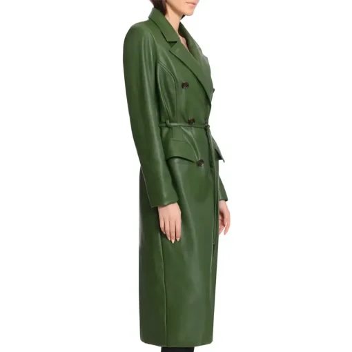 womens-green-faux-leather-trench-coat