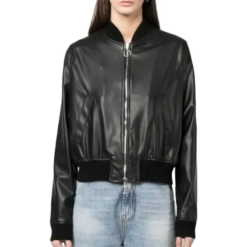 womens-long-sleeve-black-faux-leather-bomber-jacket