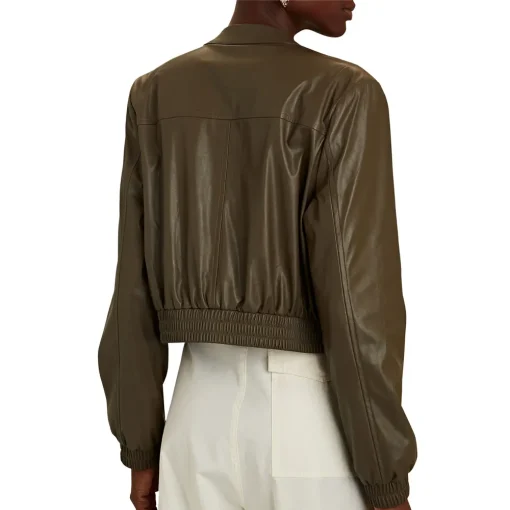 womens-olive-green-faux-leather-bomber-jacket
