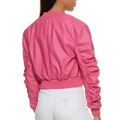 womens-pink-faux-leather-ruched-sleeve-bomber-jacket