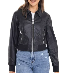 womens-shirt-collar-black-faux-leather-bomber-jacket