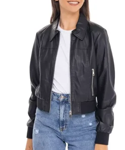 womens-shirt-collar-black-faux-leather-bomber-jacket