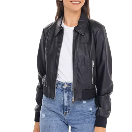 womens-shirt-collar-black-faux-leather-bomber-jacket