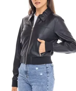 womens-shirt-collar-black-faux-leather-bomber-jacket