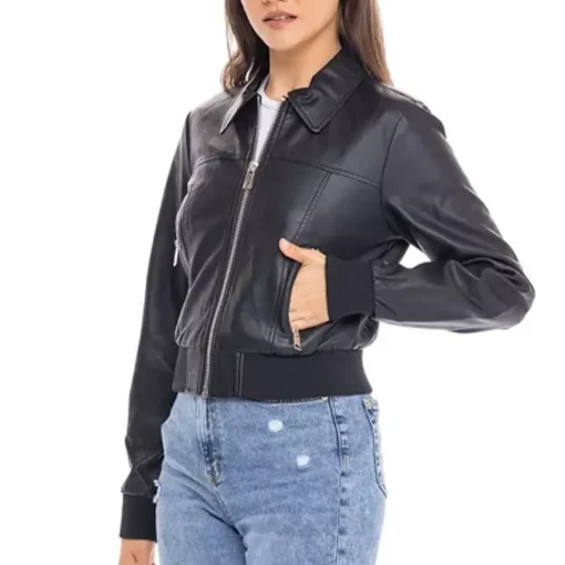 womens-shirt-collar-black-faux-leather-bomber-jacket