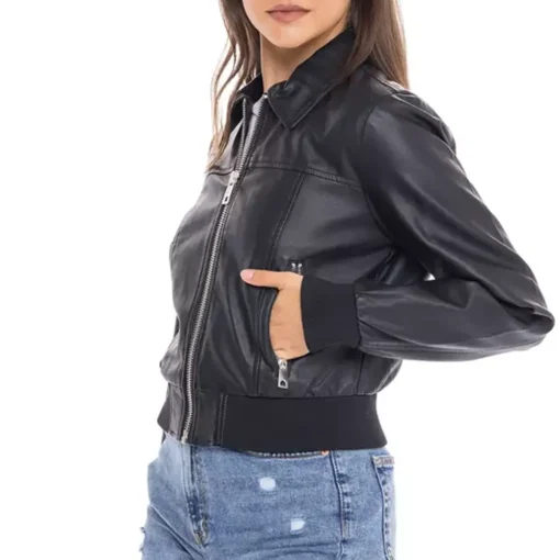 womens-shirt-collar-black-faux-leather-bomber-jacket