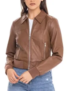 womens-shirt-collar-brown-faux-leather-bomber-jacket