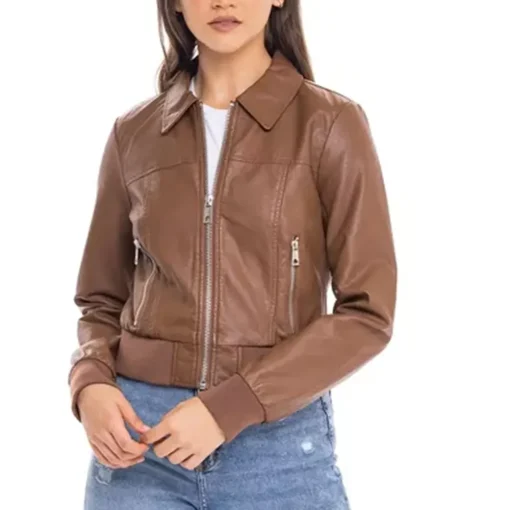 womens-shirt-collar-brown-faux-leather-bomber-jacket