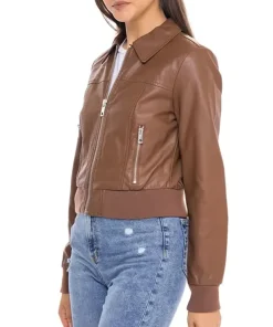 womens-shirt-collar-brown-faux-leather-bomber-jacket