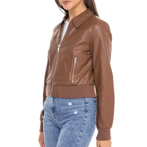 womens-shirt-collar-brown-faux-leather-bomber-jacket