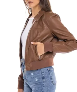 womens-shirt-collar-brown-faux-leather-bomber-jacket