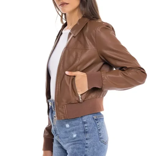womens-shirt-collar-brown-faux-leather-bomber-jacket