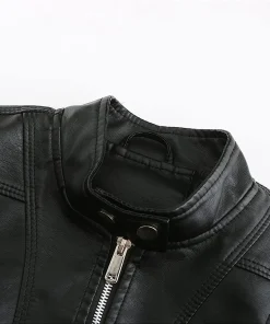 womens-stand-collar-black-faux-leather-short-jacket