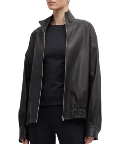 womens-stand-collar-black-faux-leather-track-jacket