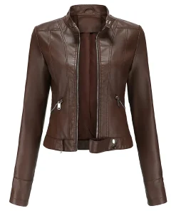 womens-stand-collar-brown-faux-leather-short-jacket