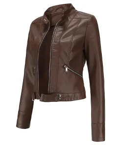 womens-stand-collar-brown-faux-leather-short-jacket