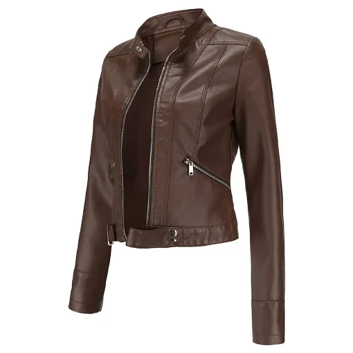 womens-stand-collar-brown-faux-leather-short-jacket