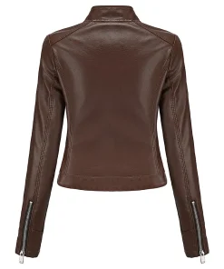 womens-stand-collar-brown-faux-leather-short-jacket