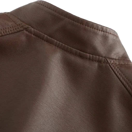 womens-stand-collar-brown-faux-leather-short-jacket