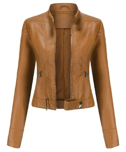 womens-stand-collar-camel-faux-leather-short-jacket