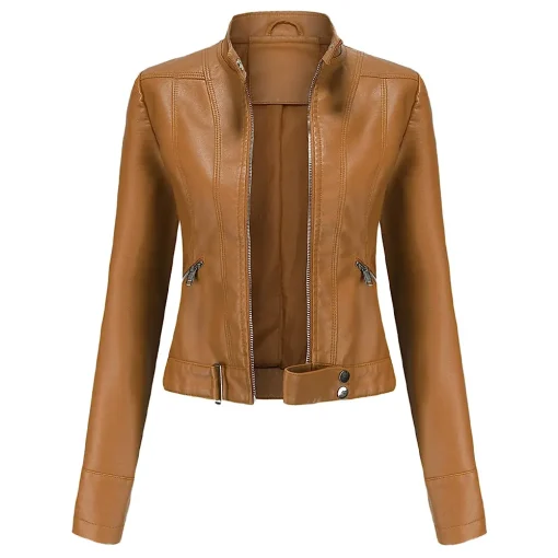 womens-stand-collar-camel-faux-leather-short-jacket