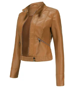 womens-stand-collar-camel-faux-leather-short-jacket