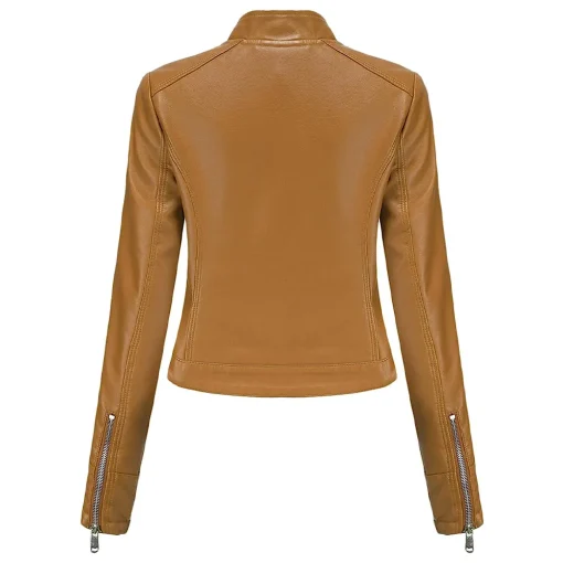 womens-stand-collar-camel-faux-leather-short-jacket