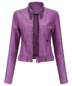 womens-stand-collar-purple-faux-leather-short-jacket