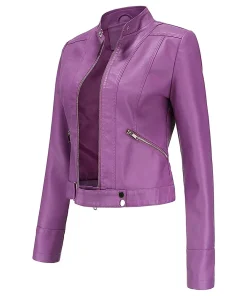 womens-stand-collar-purple-faux-leather-short-jacket