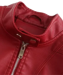 womens-stand-collar-red-faux-leather-short-jacket