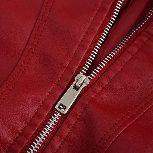 womens-stand-collar-red-faux-leather-short-jacket