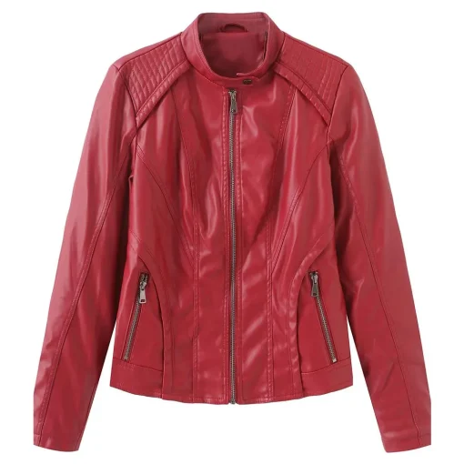 womens-zip-up-red-faux-leather-biker-jacket