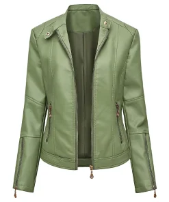 womens-zipper-green-faux-leather-biker-jacket