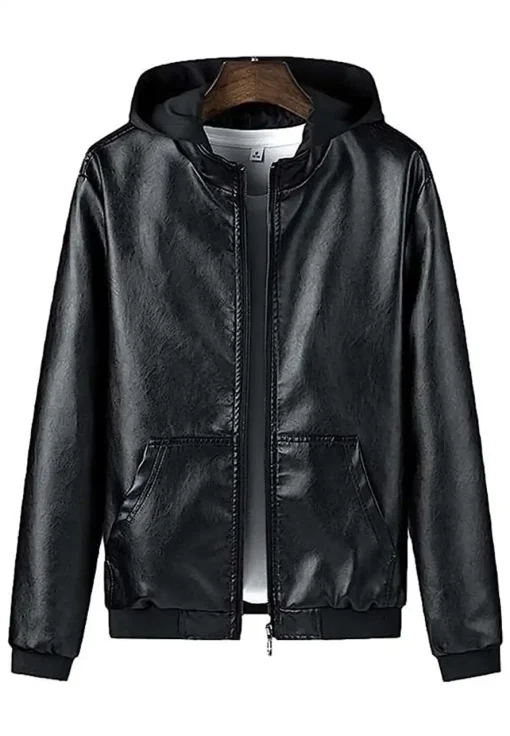 mens-black-faux-leather-hooded-bomber-jacket