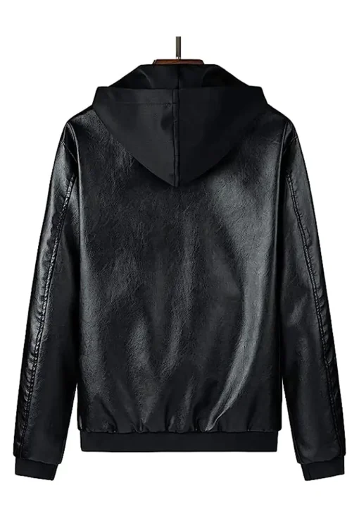 mens-black-faux-leather-hooded-bomber-jacket