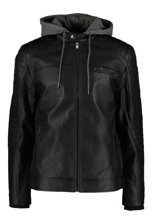 mens-black-faux-leather-hooded-jacket