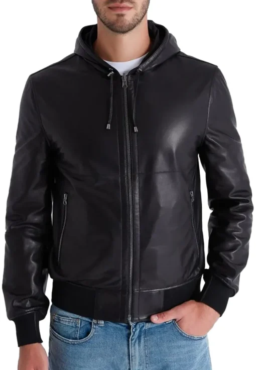 mens-black-faux-leather-motorcycle-bomber-jacket-with-hood