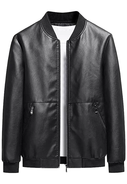 mens-black-faux-leather-simple-look-bomber-jacket