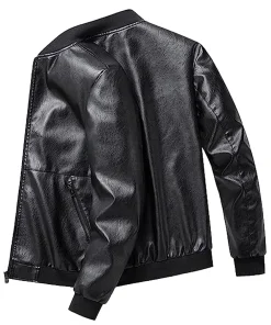 mens-black-faux-leather-simple-look-bomber-jacket