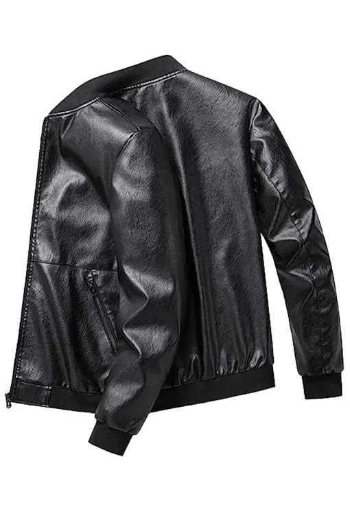 mens-black-faux-leather-simple-look-bomber-jacket