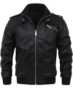 mens-casual-full-zip-black-faux-leather-bomber-jacket