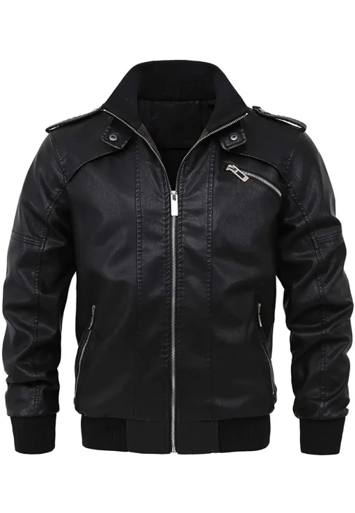 mens-casual-full-zip-black-faux-leather-bomber-jacket