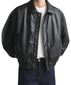 mens-classic-collar-black-faux-leather-bomber-jacket