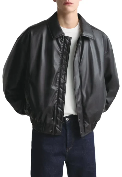 mens-classic-collar-black-faux-leather-bomber-jacket