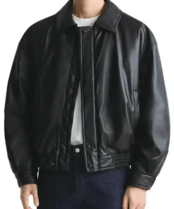 mens-classic-collar-black-faux-leather-bomber-jacket