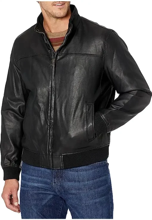 mens-classic-stand-collar-black-faux-leather-bomber-jacket