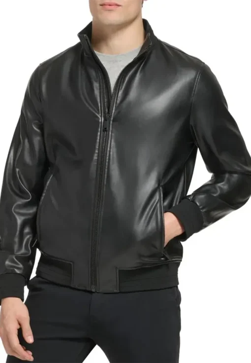 mens-elegant-black-faux-leather-bomber-jacket