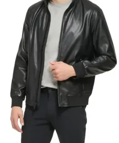 mens-elegant-black-faux-leather-bomber-jacket